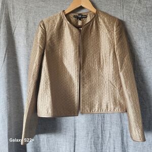Ellen Tracy SILK Gold Textured Blazer w Leather Trim, Lined, Size M